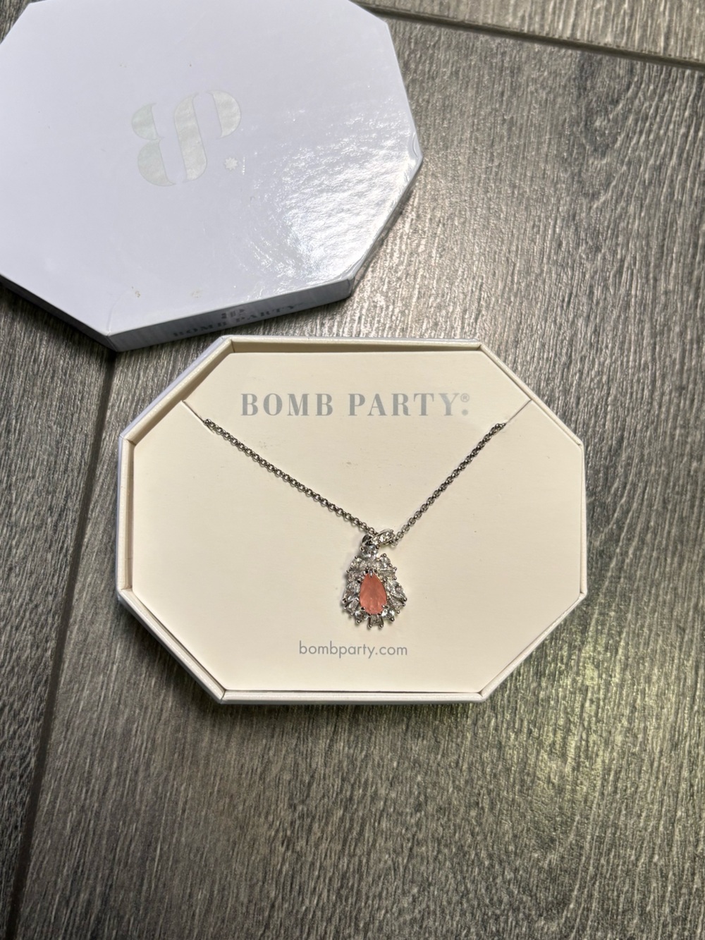 Bomb Party Silver Necklace with Coral Teardrop Pendant and Crystal Halo